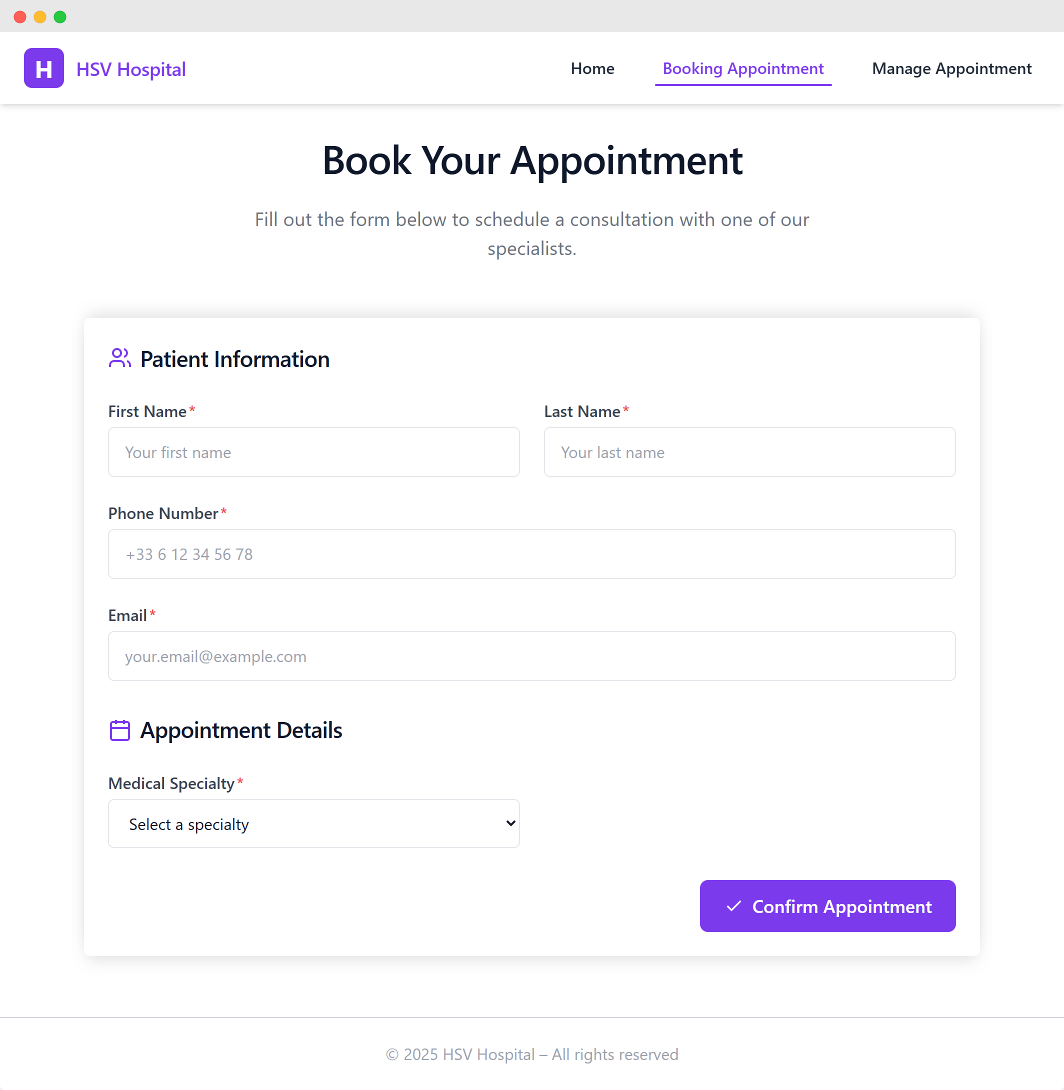 HSV Hospital – Patient appointment booking system built with Vue.js